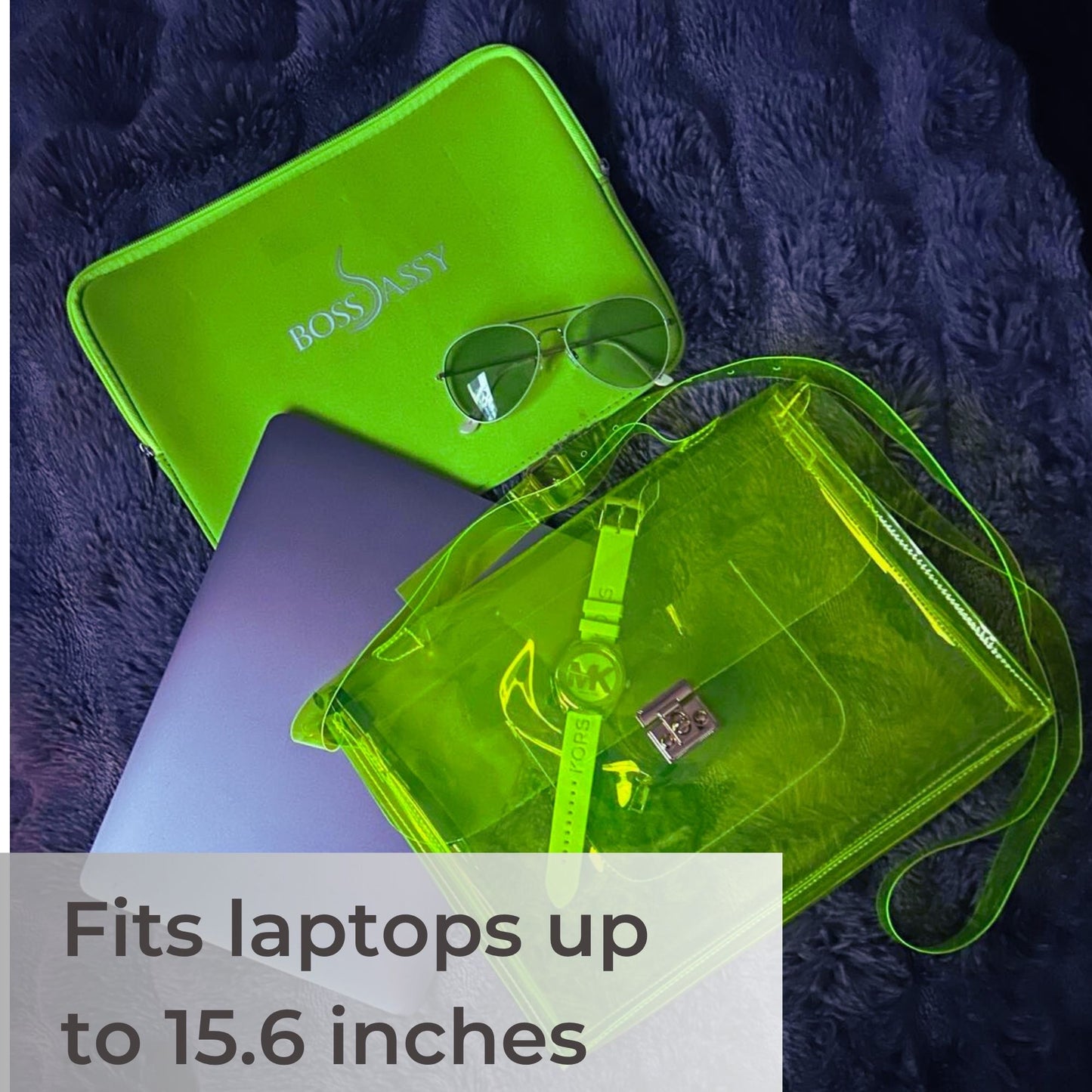 Boss Sassy uNeon Green Laptop Bag with matching neoprene sleeve
